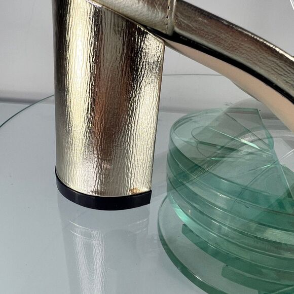 Stuart Weitzman Nudist Heel Sandals Gold Ankle Strap Open Toe Block - Picture 2 of 9